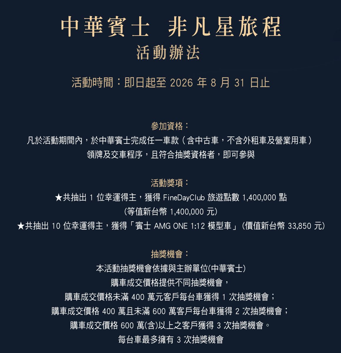 歡慶賓士 140 周年，中華賓士推出【非凡星旅程】活動！即日起至 2026/8/31 完成指定車系領牌交車，即可參與抽獎： 依購車成交金額，最高可享 3 次抽獎機會。